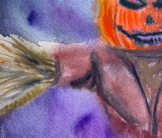 Halloween Watercolor Painting Original, Scarecrow Artwork, Spooky Season Wall Art