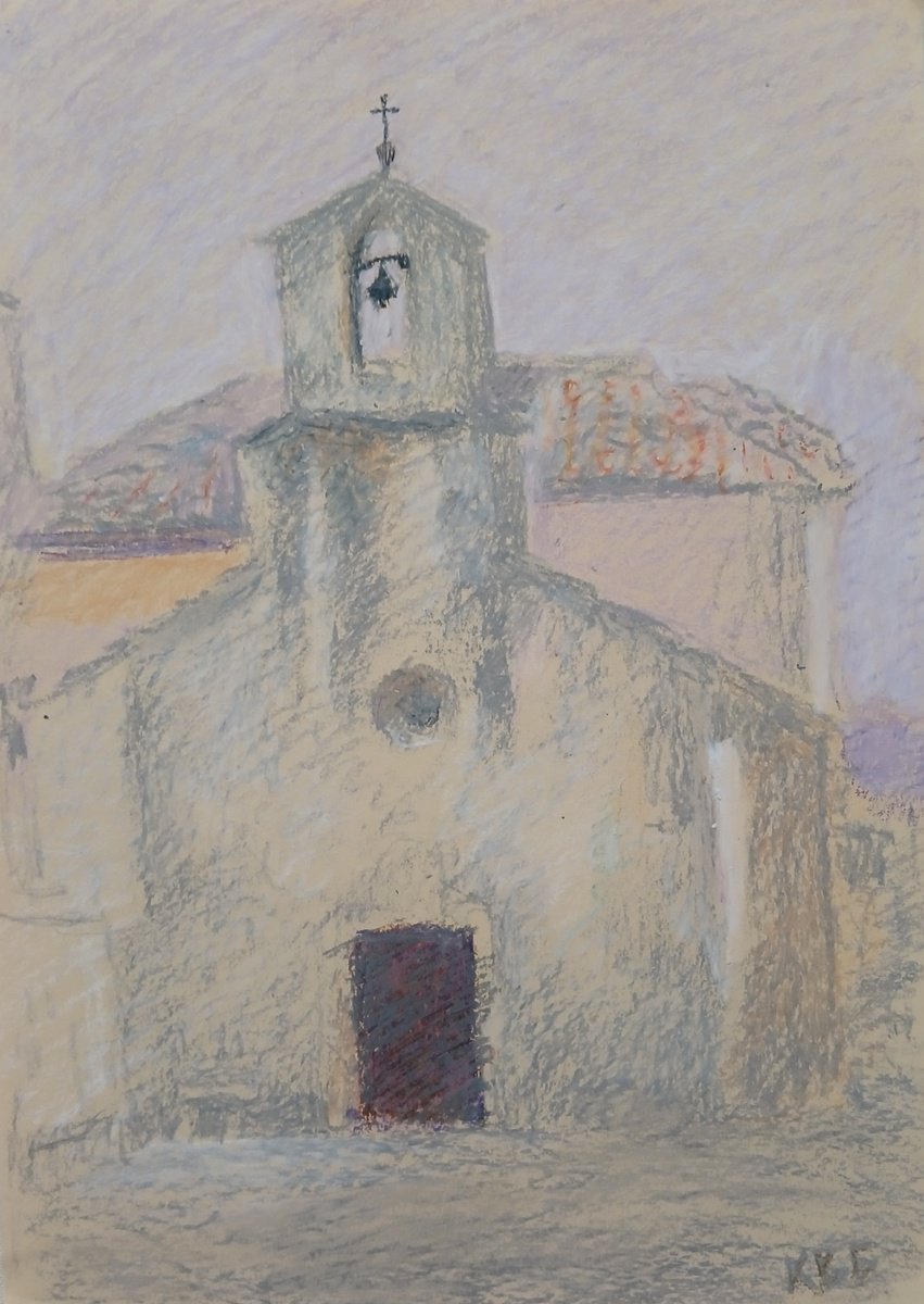 Graphic Cityscapes Pastel Drawing By Vasyl Koval, 9 X 13", Silence Of The Ancient Chapel, Original Artwork