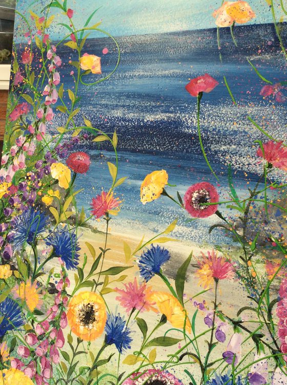 Cornflowers and Poppies by the Sea # large # Framed