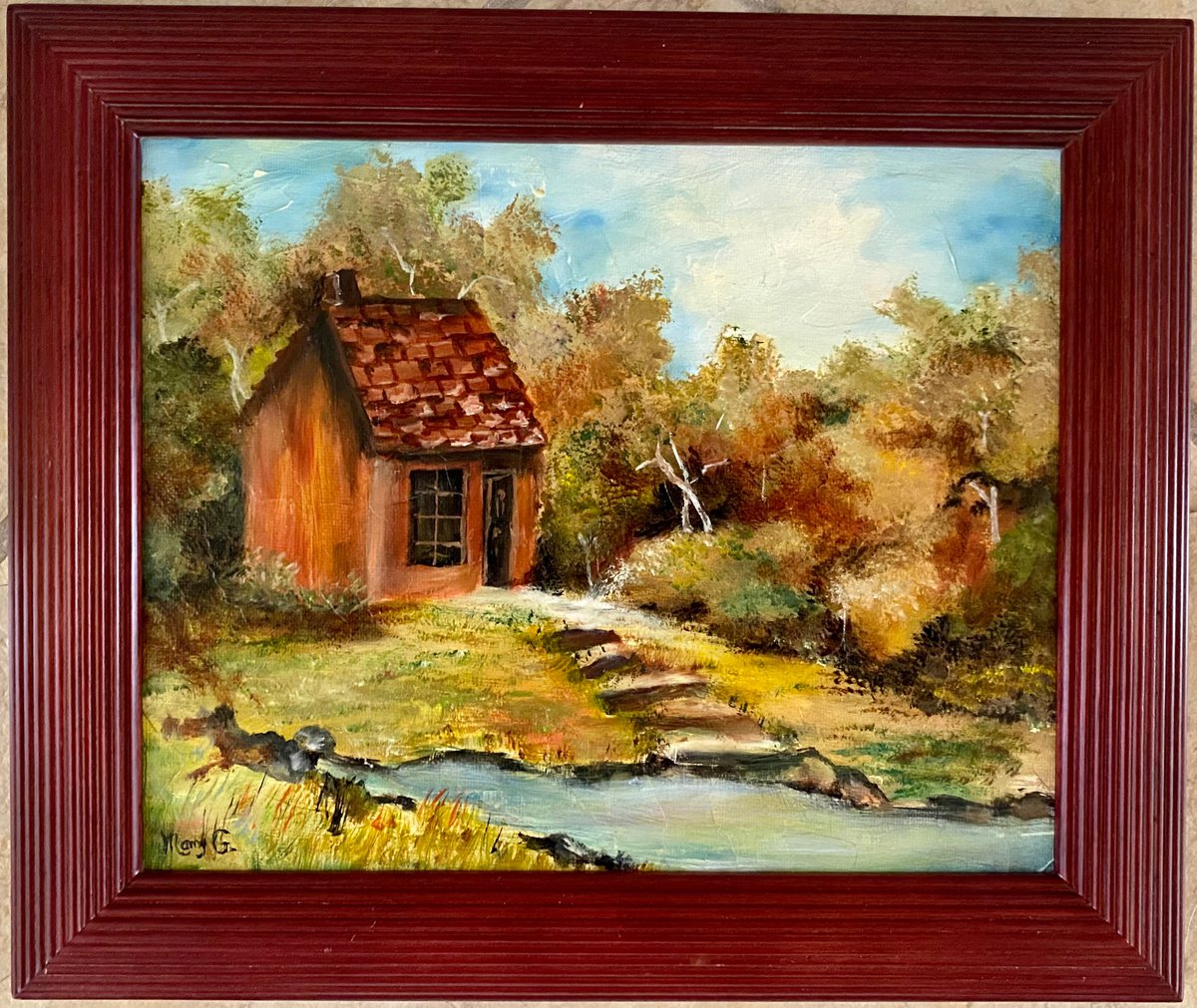 Vintage Old Cabin Original Oil Painting 8x10 Burgundy Frame by Mary Gullette