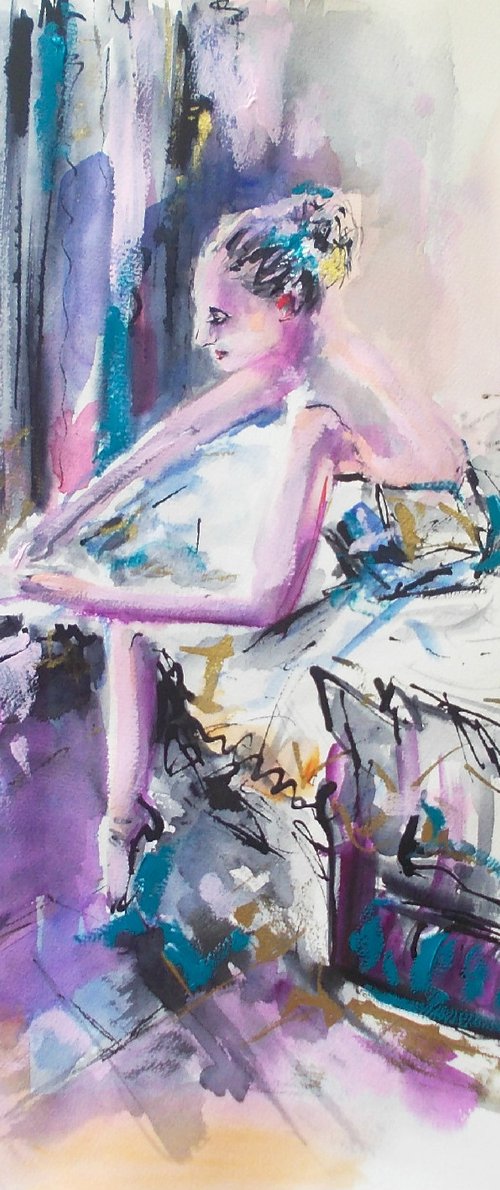Quiet Moments - Ballerina Watercolor-Mixed Media Painting by Antigoni Tziora