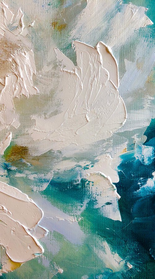 HEAVENLY WAVES - Abstraction. White peony. Macro flowers. Great art. Blue shades. 3d flower. Macro peony. Wall art with flowers. by Marina Skromova