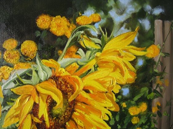 A bouquet of sunflowers in the Ukrainian ceramic jug