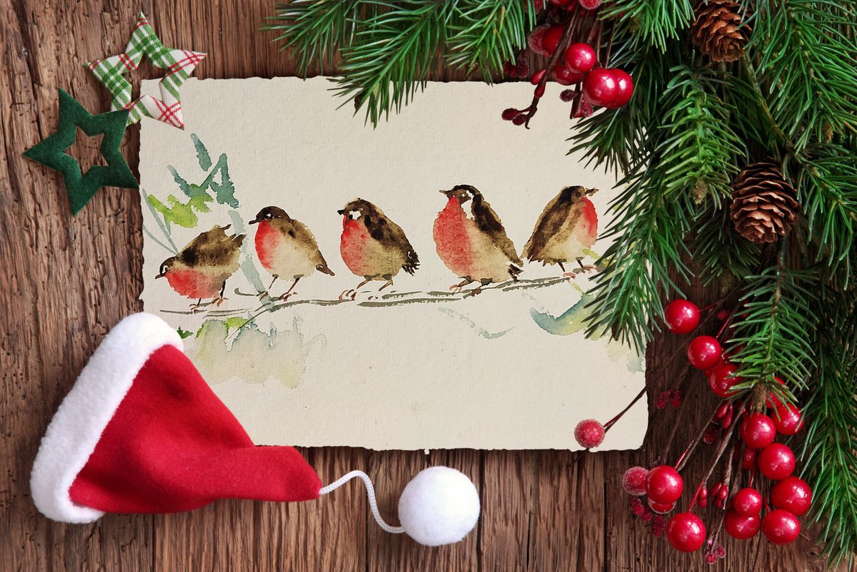 Five little Red Robins - watercolor bird art on paper 5.5x 7.5 by Asha Shenoy