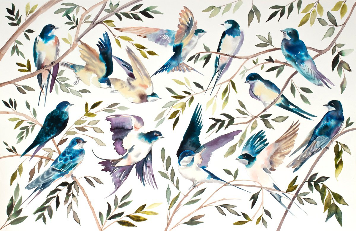 Expressive Animal Watercolour By Elizabeth Becker, 40 X 26, Tree Swallows, Original Artwork