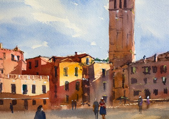 Venice. Sunny square. Medium format watercolor urban landscape Mediterranean italy sea bright architecture old travel