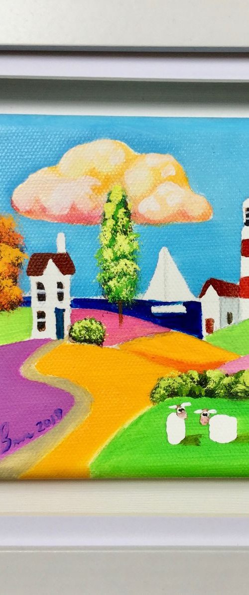 framed folk art sheep canvas painting by Gordon Bruce