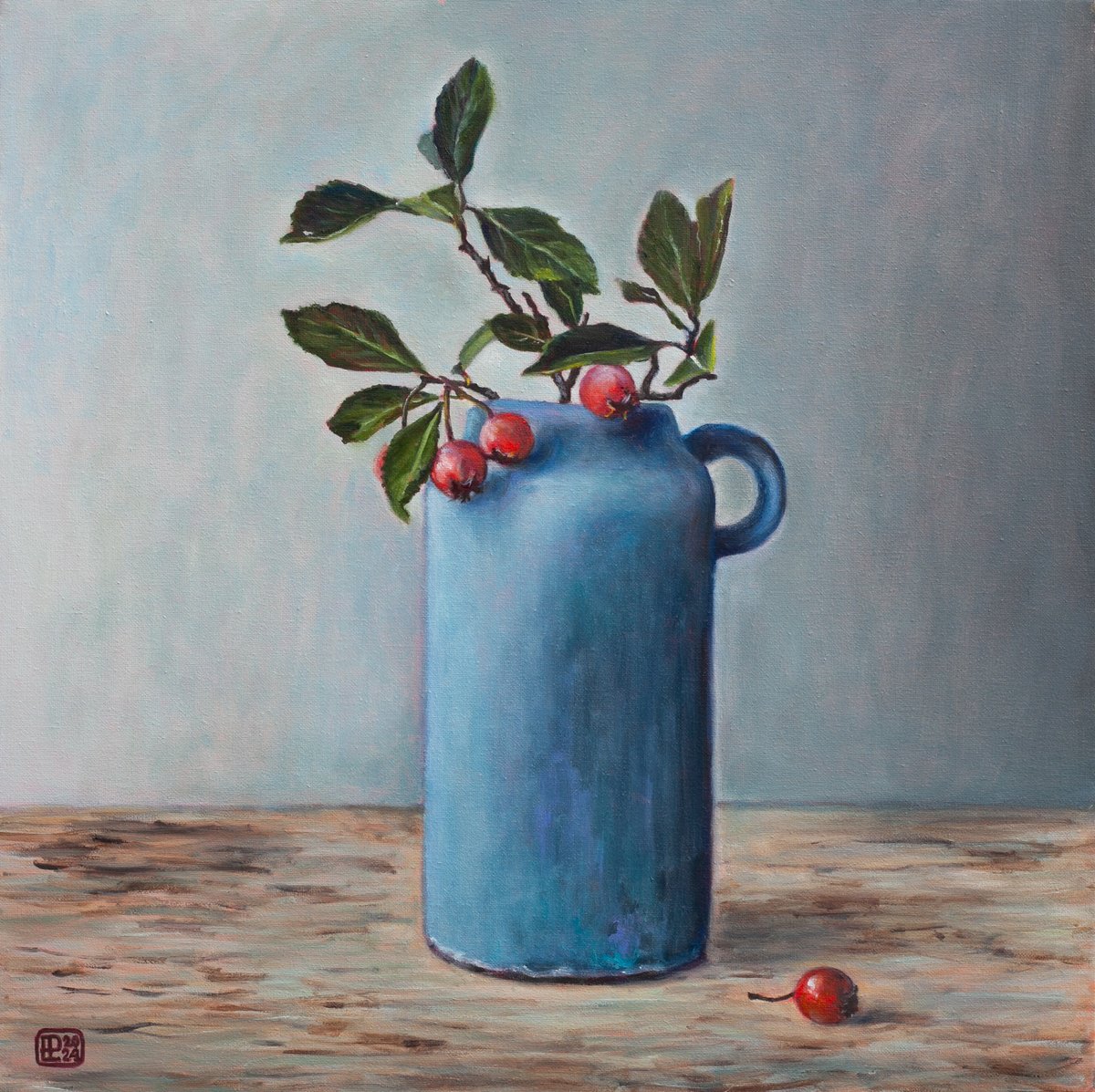 Still Life Oil Painting By Liudmila Pisliakova, 16 X 16", Blue Vase And Berries, Original Artwork