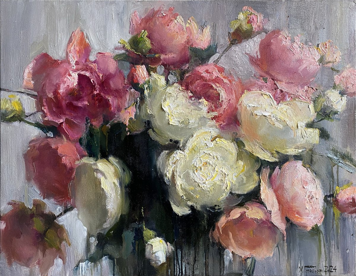 Impressionistic Botanical Oil Painting By Maxim Gladko, 35 X 28", Peonies #2, Original Artwork