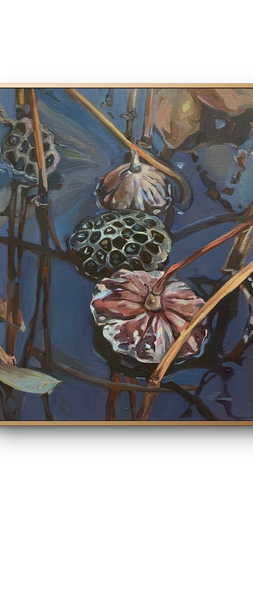 Lotus pond.Winter.Oil painting by Guzel Min