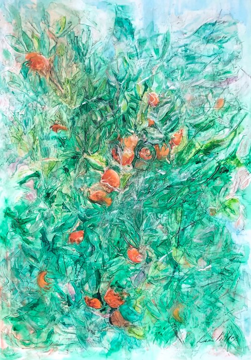 Orange Tree Original Mixed Media Painting For Home Decor by Lana Ritter