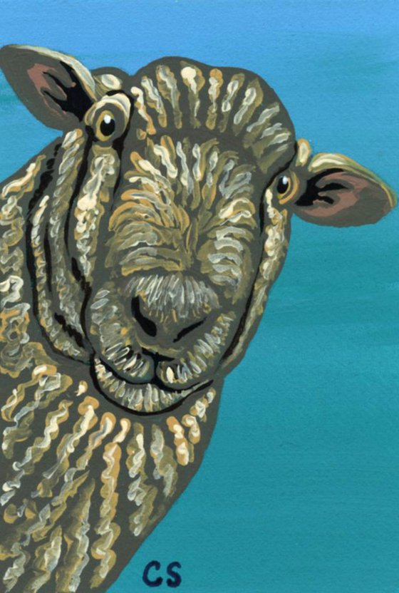 ACEO ATC Original Miniature Painting Sheep Farmyard Art-Carla Smale