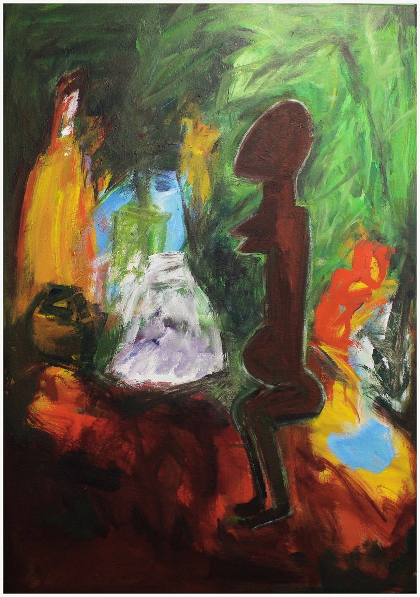 Expressive Still Life Painting By Victorine Follana, 24 X 37", La Statue Africaine, Original Artwork