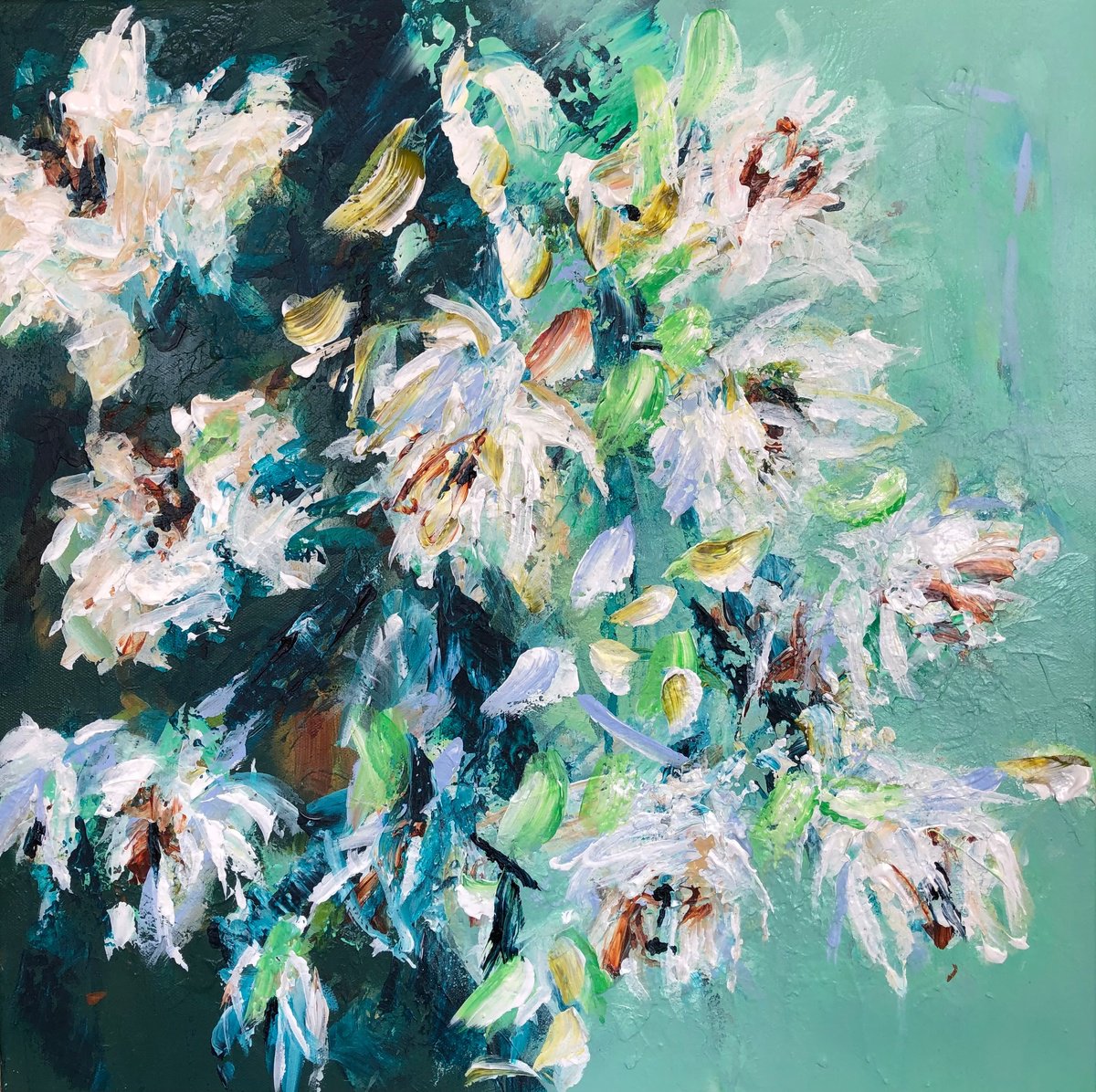 Expressive Botanical Acrylic Painting By Michelle Carolan, 20 X 20", Magnolias In Bloom, Original Artwork