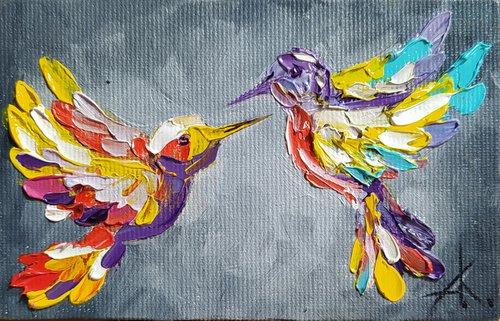 Small birds - hummingbird, small painting, painting on canvas, animals oil painting, postcard, art bird, impressionism, palette knife, gift. by Anastasia Kozorez