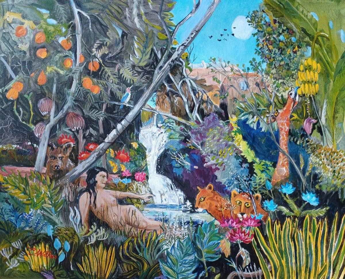 Surrealistic Animal Oil Painting By Chris Walker, 20 X 16, Fantaisie i? La Cascade, Original Artwork