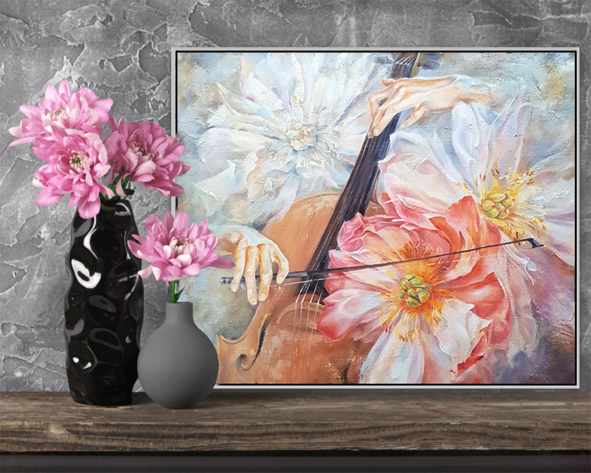 Music of flowers (CELLO) - oil painting, original gift by Elena Smurova
