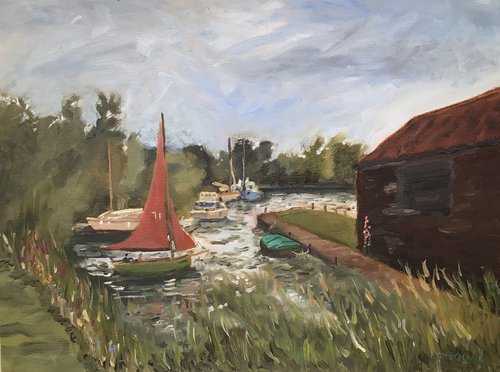 Red sails, An original plein air oil painting. by Julian Lovegrove Art