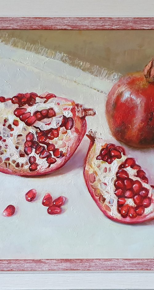 "Trio."  pomegranate still life  liGHt original painting  GIFT (2020) by Anna Bessonova (Kotelnik)