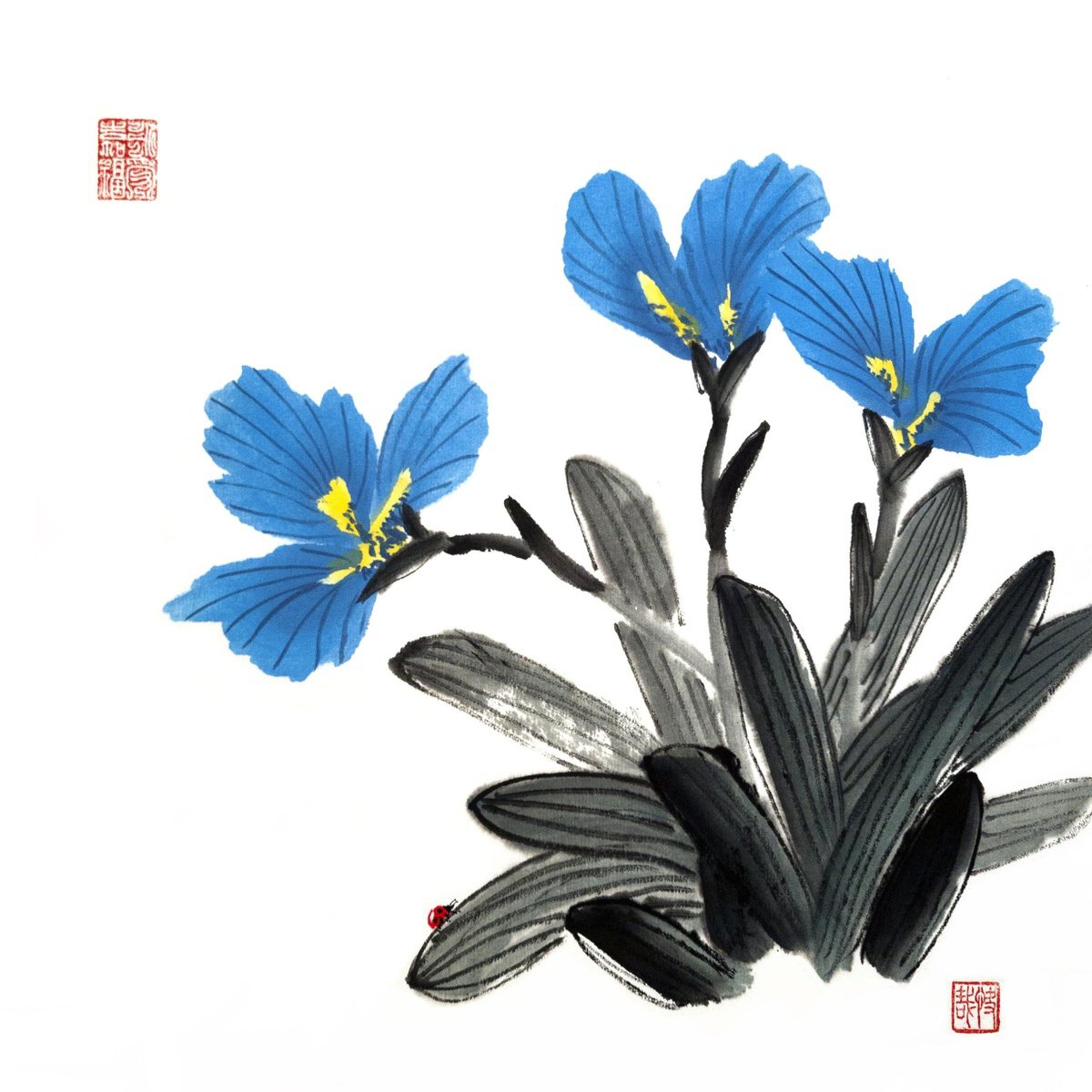 Impressionistic Botanical Ink Drawing By Ilana Shechter, 14 X 14, Blue Irises And Red Ladybug, Original Artwork