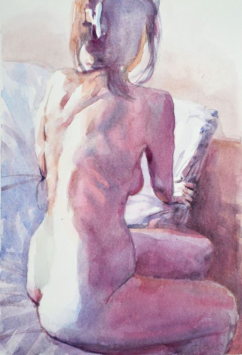 Nude on edge of the bed by Goran Žigolić Watercolors