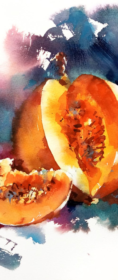 "Still life with pumpkin" expressive original watercolor artwork in square format by Ksenia Selianko