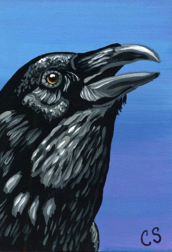 ACEO ATC Original Painting Raven Crow Wildlife Bird Art-Carla Smale