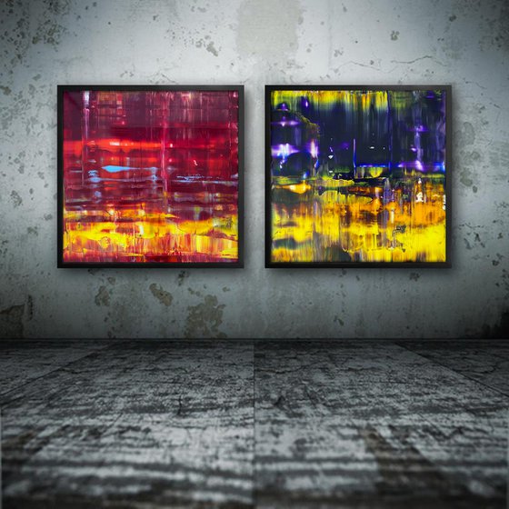 "The Bold And The Beautiful" - Save As A Series - Original PMS Abstract Diptych Oil Paintings On Plexiglass, Framed - 52" x 26"