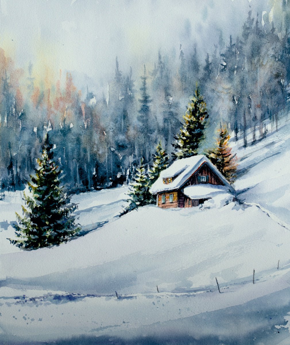 Impressionistic Landscape Watercolour By Eve Mazur, 12 X 15, Winter Landscape, Original Artwork