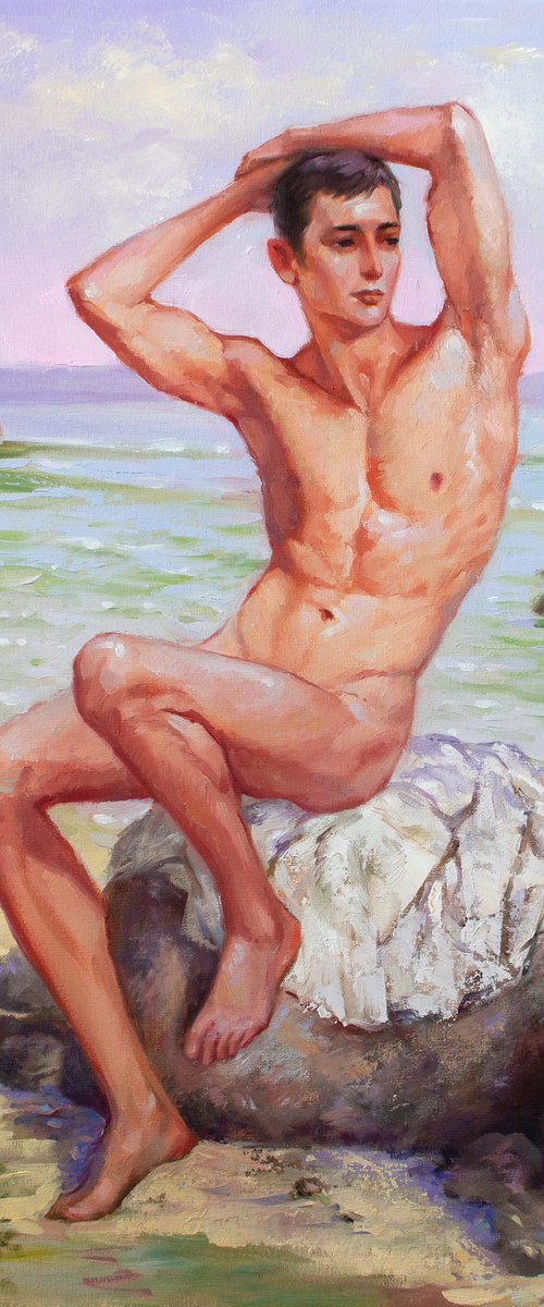 ITALIAN BOY by the SEA - Timeless Beauty and Seaside Serenity: Oil Painting on Canvas of a Stunning Italian Young Man Resting on Shoreline by Yaroslav Sobol