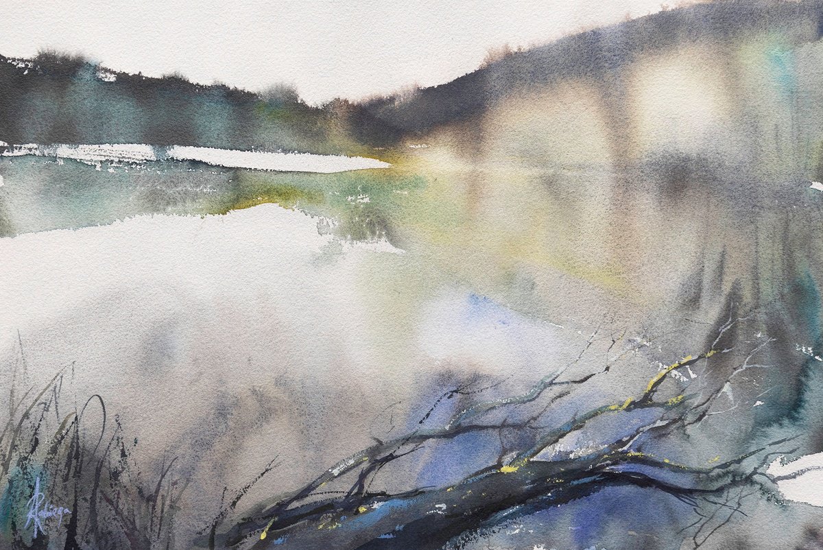 Watercolour , Autumn Lake By Andrzej Rabiega, 22 X 15, Artwork For Sale On Artfinder