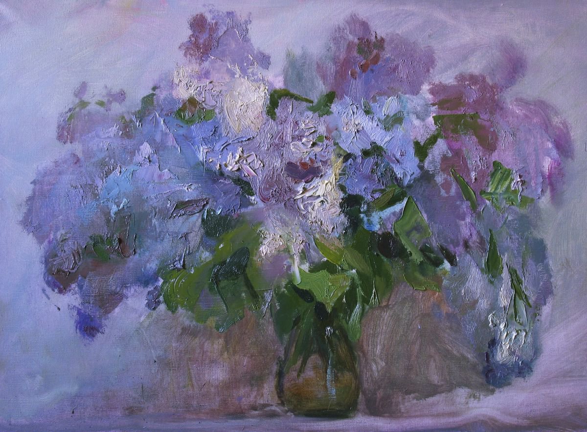 Impressionistic Botanical Oil Painting By Sergey Kostov, 28 X 20", The Smell Of Lilac, Original Artwork