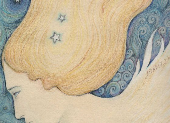 Night Skye coloured pencil art - drawing of the Goddess of Night