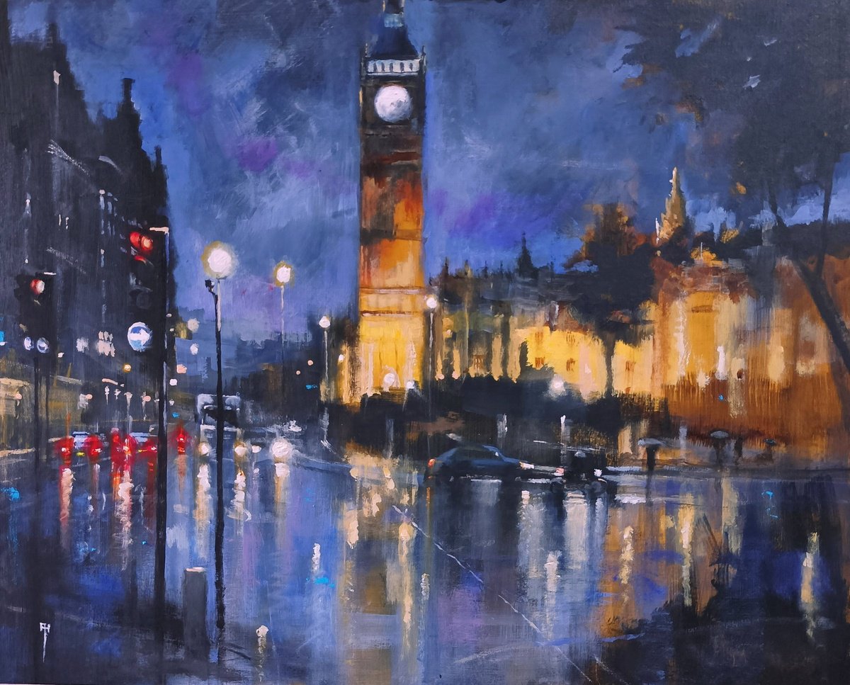 Impressionistic Cityscapes Acrylic Painting By Alan Harris, 20 X 16, London Nights Parliament Sq, Original Artwork