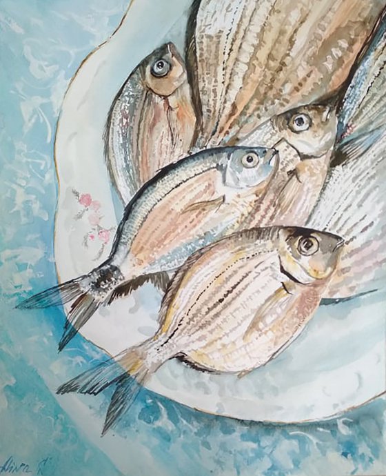 Original watercolor hand painting still life Fishes