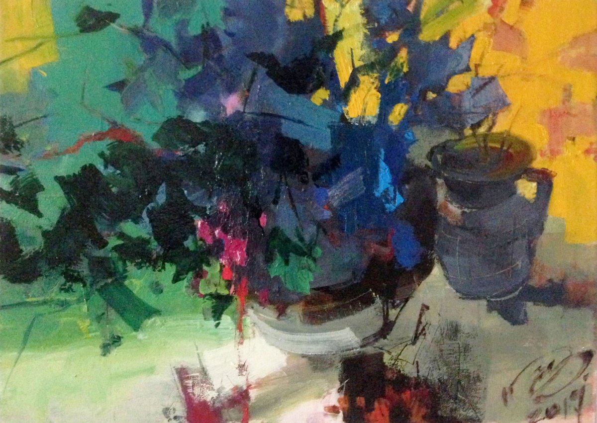 Expressive Botanical Oil Painting By Igor Yuryev, 31 X 24, Still Life In The Shade., Original Artwork