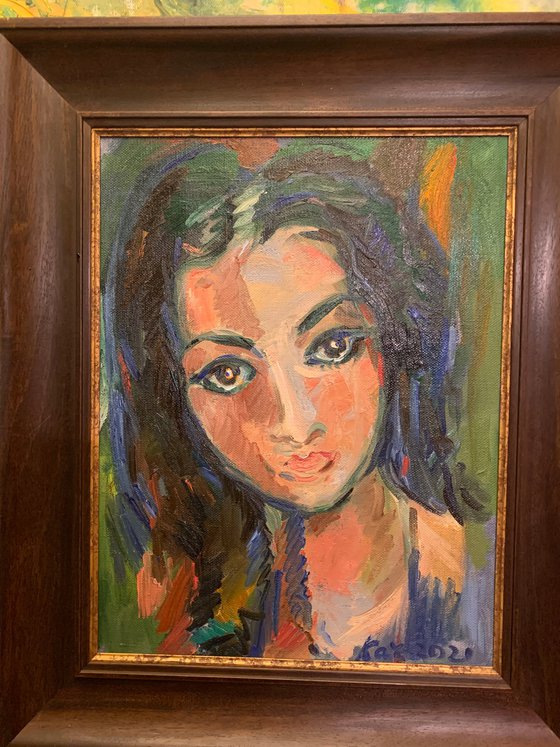 PORTRAIT OF A BEAUTIFUL ISRAELI WOMAN  female portrait, beautiful face, original oil painting, love, young girl 65x50