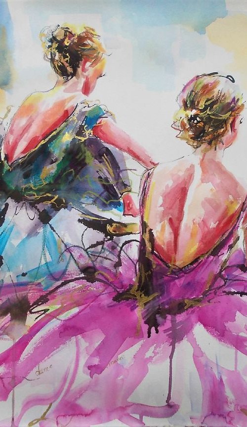 Conversation-Ballerina Mixed Media  Painting on Paper by Antigoni Tziora