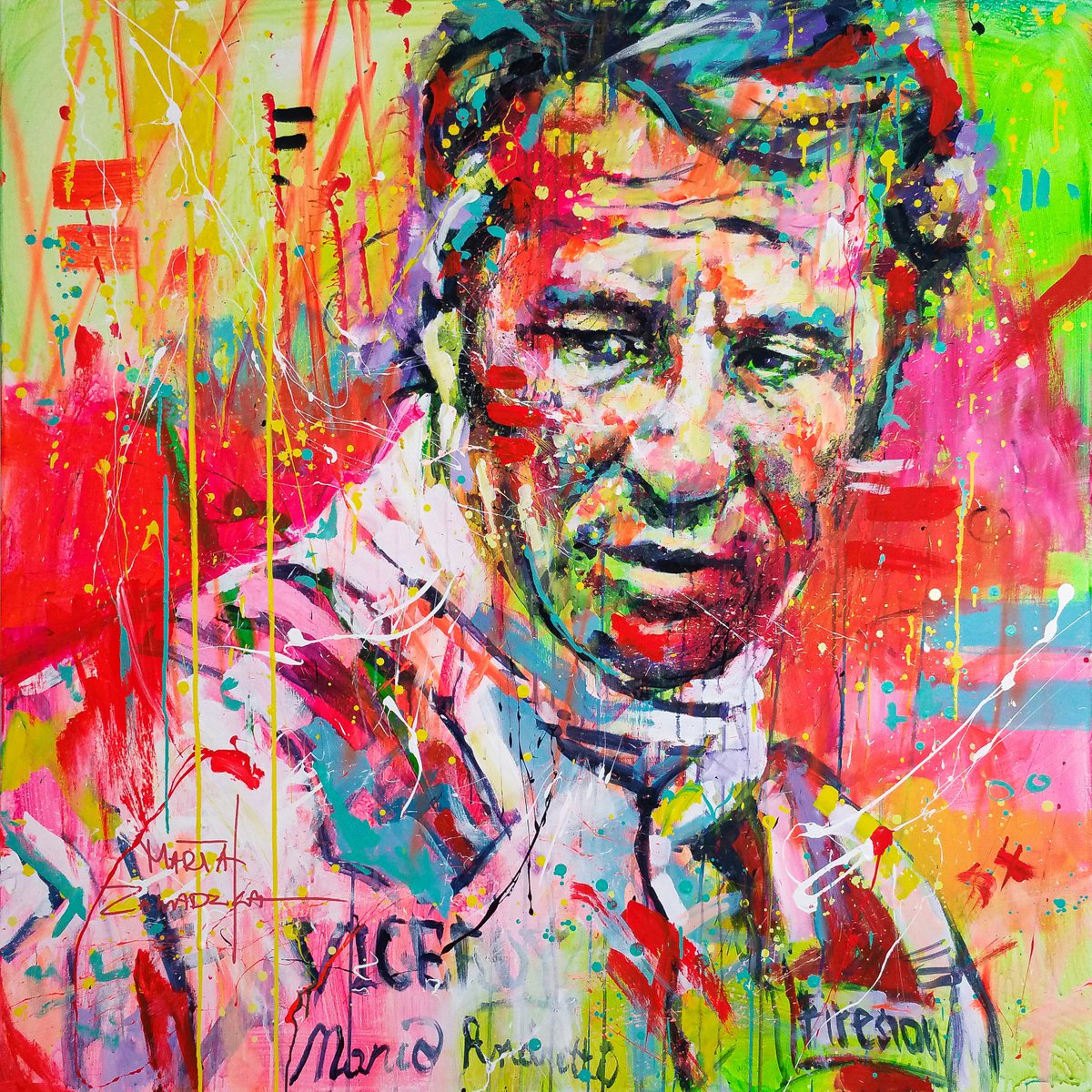 Impressionistic Portrait Acrylic Painting By Marta Zawadzka, 47 X 47", Mario Andretti, Original Artwork