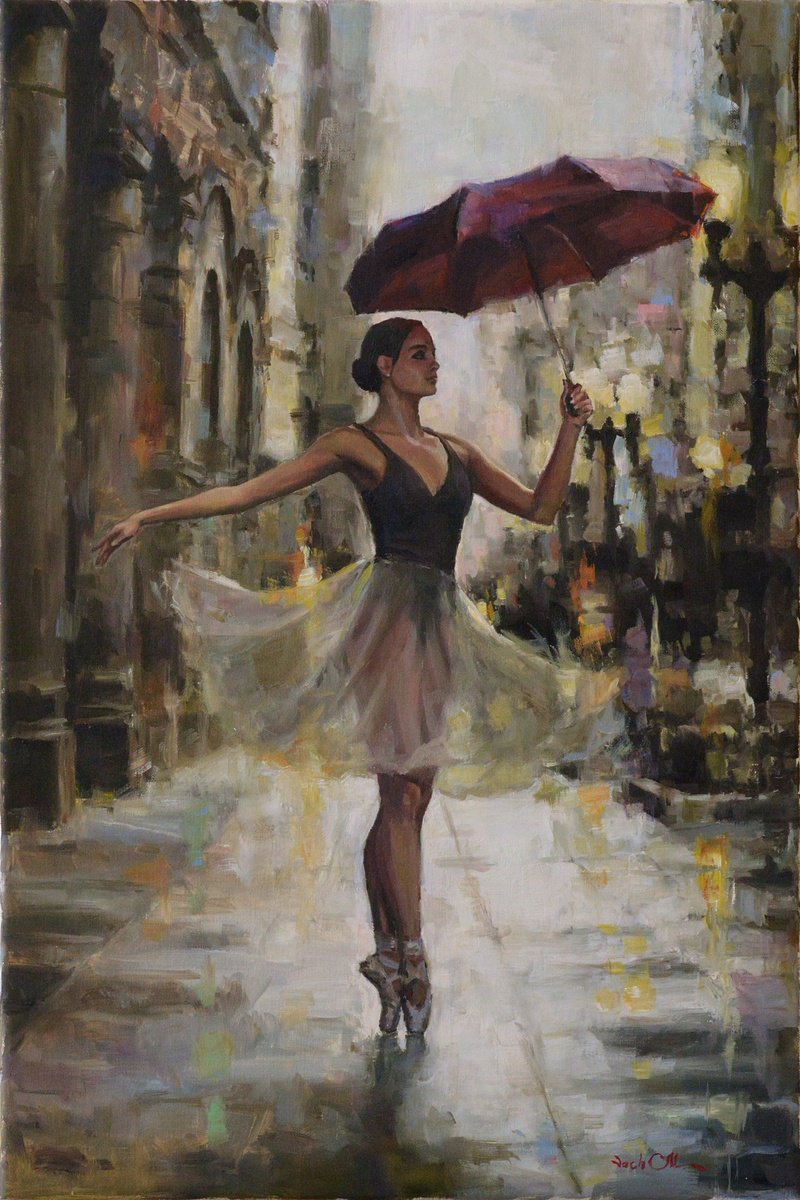 Impressionistic Portrait Oil Painting By Vachagan Manukyan, 17 X 25", Rain, City And Ballet, Original Artwork