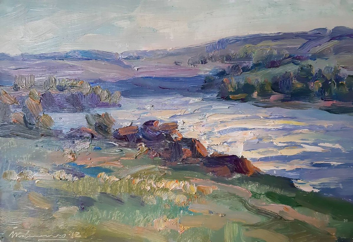 Impressionistic Landscape Oil Painting By Ivan Kovalenko, 12 X 8, River Landscape, Original Artwork