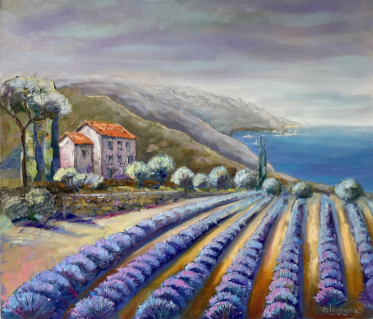 Lavender by the sea. Seascape original oil painting by Mary Voloshyna