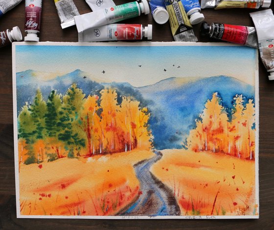 Colorful autumn landscape. The road to the mountains. Original watercolor artwork.