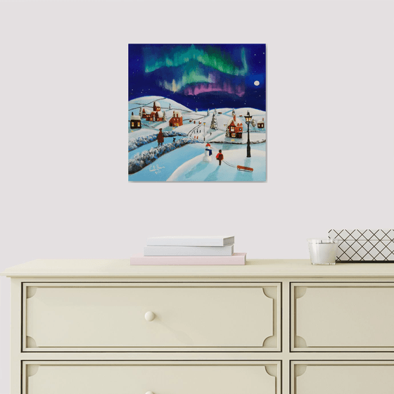 Winter village, folk art painting, oil on canvas naive art