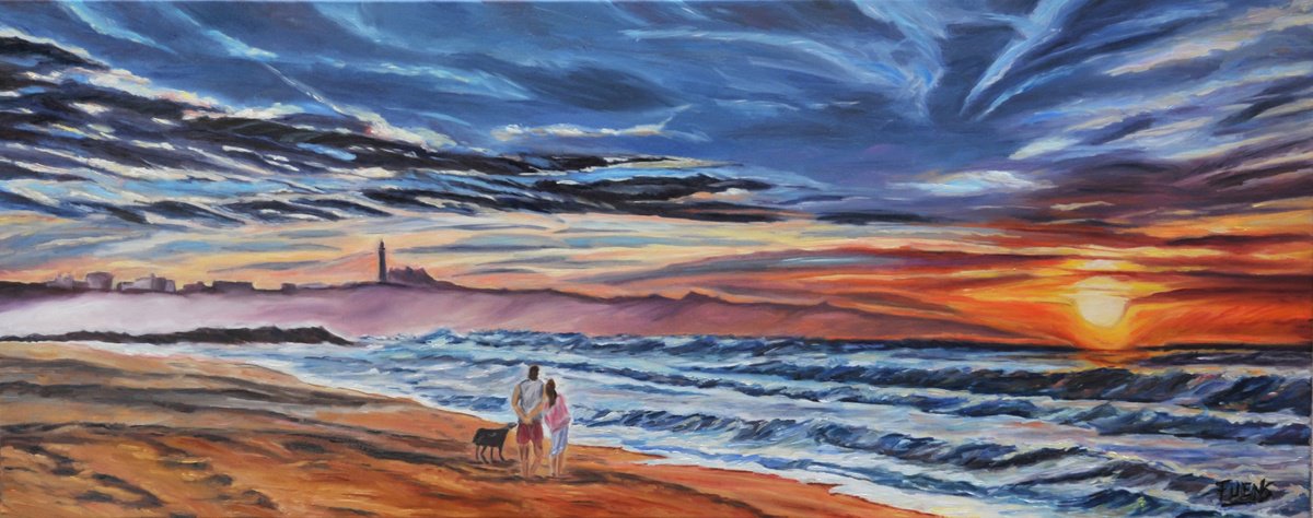 Impressionistic Landscape Oil Painting By Fuensanta Ruiz Urien, 39 X 16, Anochecer - Sunset, Original Artwork