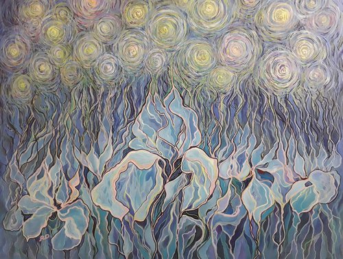 Blue irises under the starry sky by Olga Rokhmanyuk | ROArtUS
