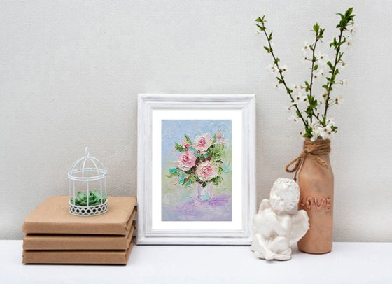 Pink Roses Painting Original Art Small Oil Artwork Flower Wall Art Floral Mini Oil Painting