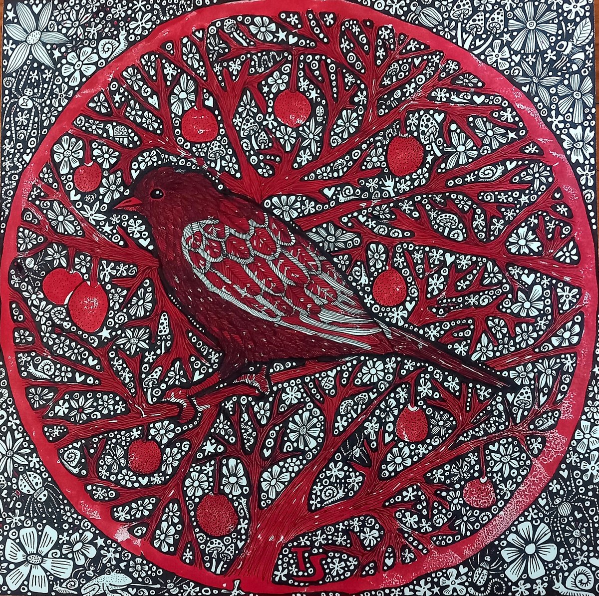 Ink Drawing , Red Bird With Berries By Terri Smith, 15 X 15, Artwork For Sale On Artfinder