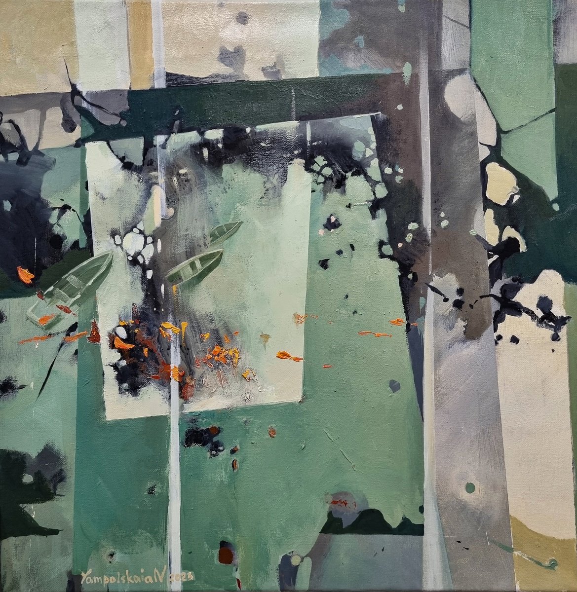 Abstract Landscape Oil Painting By Natalia Yampolskaia, 20 X 20", Lakes Of Being Iii, Original Artwork