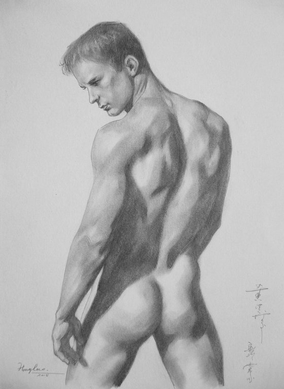 ORIGINAL CHARCOAL DRAWING MALE NUDE MAN ART ON PAPE #16-1-15-03